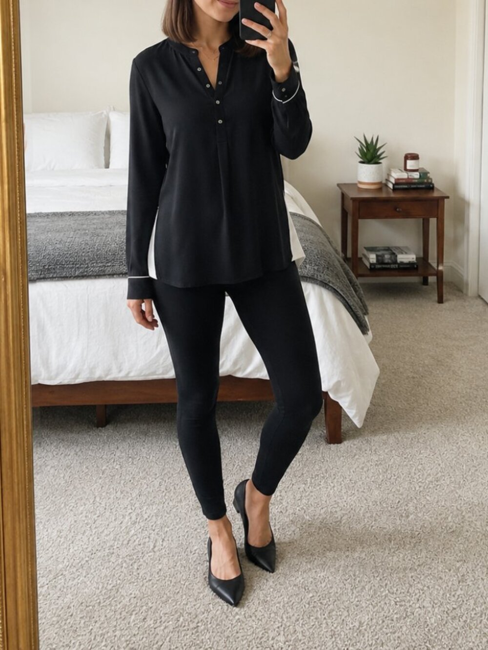 Cirana Black Button Side Blouse White Contrast Trim Long Sleeve Tunic Size S